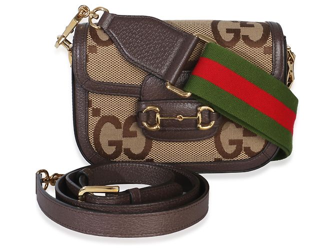 Borsa a tracolla Gucci Camel Monogram Jumbo GG in pelle di vitello Web Small Horsebit 1955 - vista 8