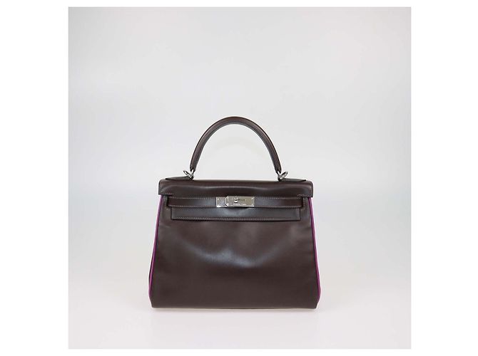Hermès Borsa Kelly Retourne 28 Hermes Chocolat, Pelle Box Calf Cyclamen, Hardware in Palladio Multicolore - vista 2