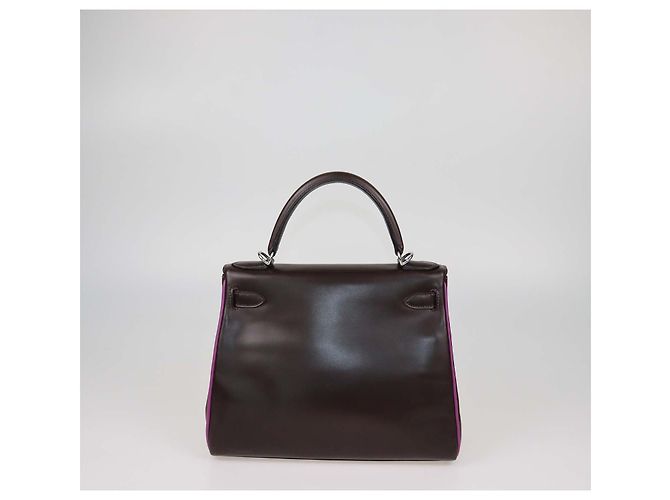 Hermès Borsa Kelly Retourne 28 Hermes Chocolat, Pelle Box Calf Cyclamen, Hardware in Palladio Multicolore - vista 4