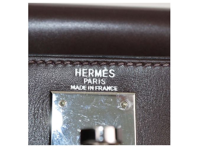 Hermès Borsa Kelly Retourne 28 Hermes Chocolat, Pelle Box Calf Cyclamen, Hardware in Palladio Multicolore - vista 6