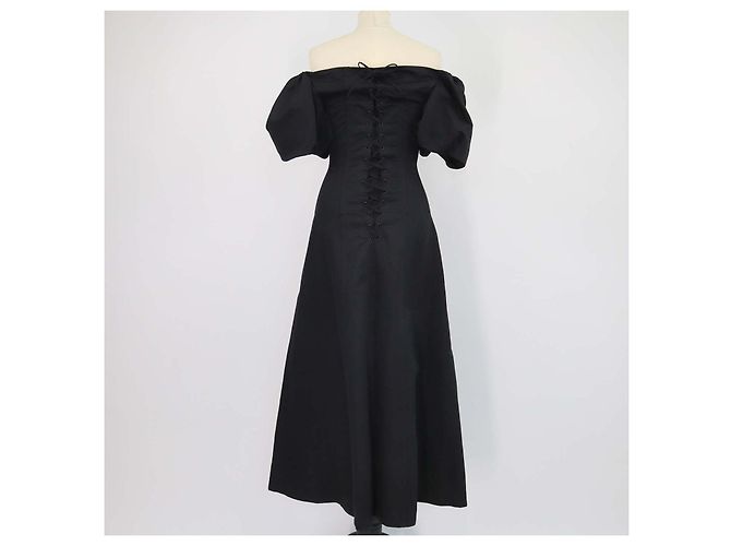 Autre Marque Abito midi Akiranaka off shoulder in lino e cotone nero - vista 3