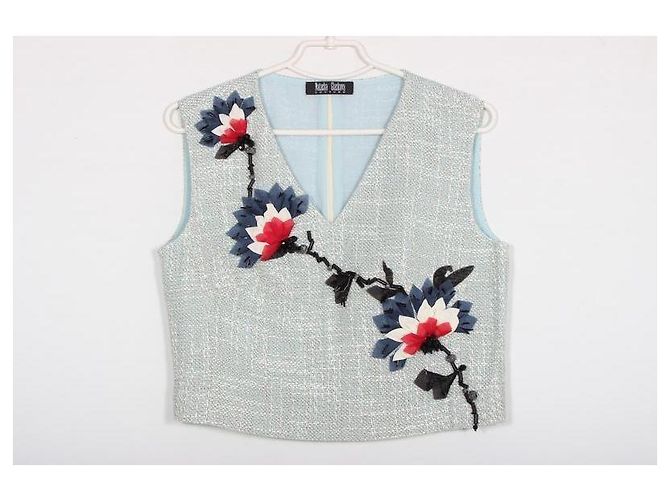 Autre Marque Natasha Glazkova Couture Hellblauer Tweed-Rockanzug Schwarz Weiß Rot - Ansicht 4