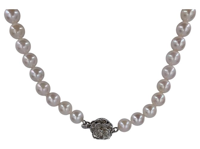 Autre Marque Collar de perlas Akoya blancas 7 mm con cierre de caja de plata floral Blanco - vista 3
