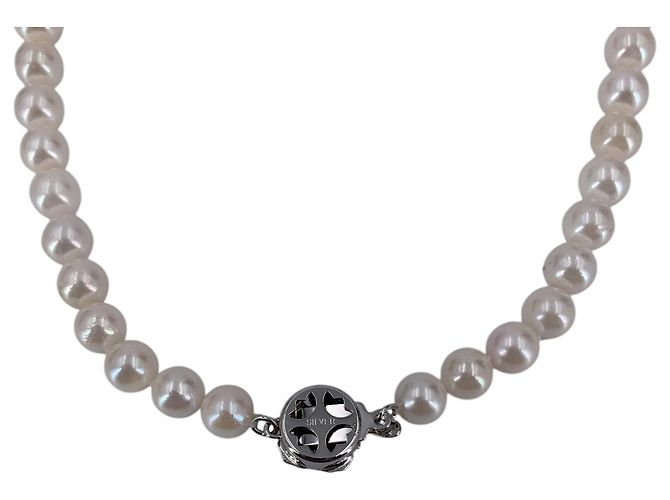 Autre Marque Collar de perlas Akoya blancas 7 mm con cierre de caja de plata floral Blanco - vista 4