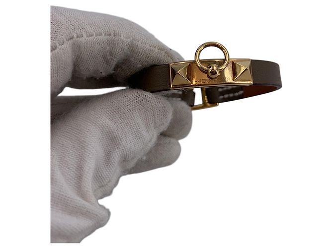 Ring Hermès Bracciale Mini Rivale Hermes in pelle Taupe con hardware Gold Taglia S Grigio - vista 2