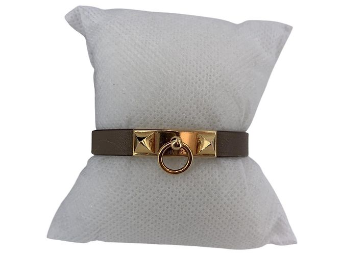 Ring Hermès Bracciale Mini Rivale Hermes in pelle Taupe con hardware Gold Taglia S Grigio - vista 6