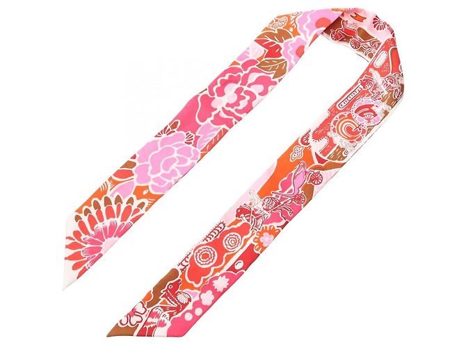 Hermès Lenço Hermes Twilly Bingata Rosa Multicor Laranja - vista 3