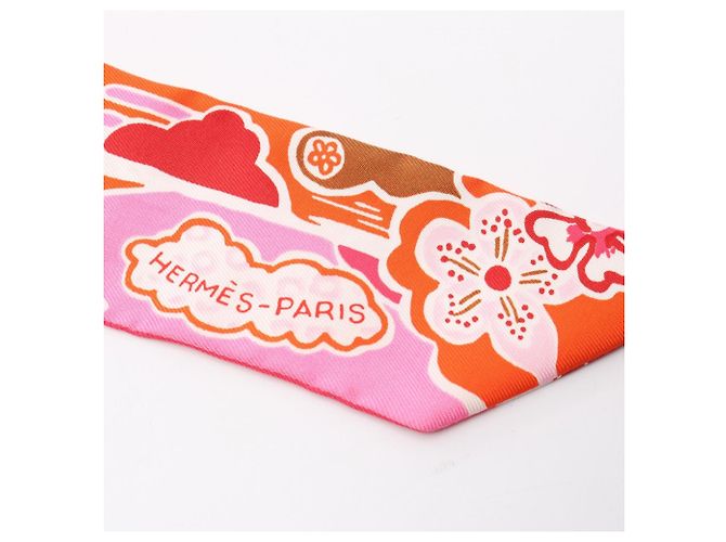 Hermès Lenço Hermes Twilly Bingata Rosa Multicor Laranja - vista 7