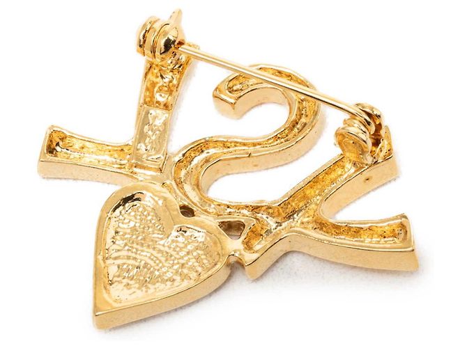 Autre Marque Spilla Saint Laurent Cuore in Cristalli e Logo Placcato Oro D'oro - vista 2