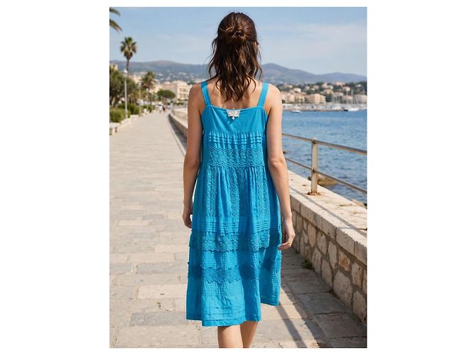 Twin Set by Simona Barbieri Blaues Baumwollkleid mit Spitze - Ansicht 3