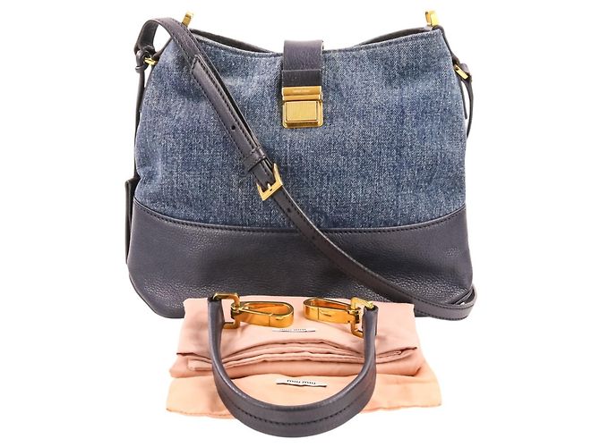 Borsa Tote 2-Way Miu Miu MIU Madras in pelle x denim Blu navy - vista 16