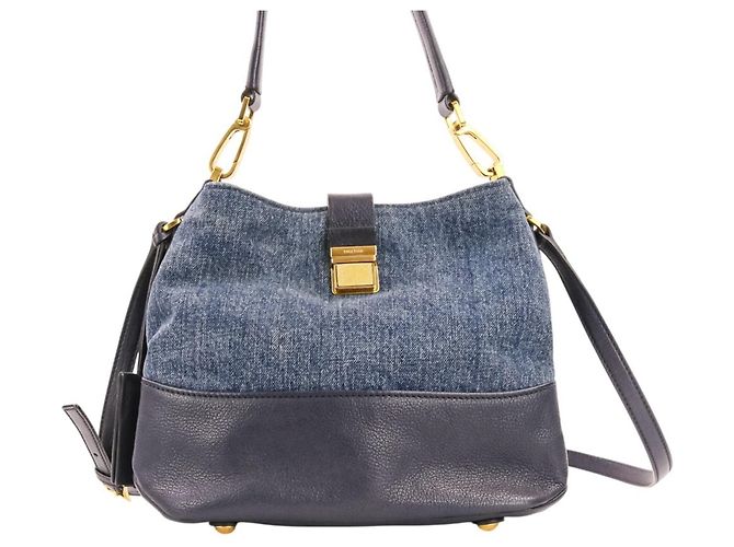 Borsa Tote 2-Way Miu Miu MIU Madras in pelle x denim Blu navy - vista 3