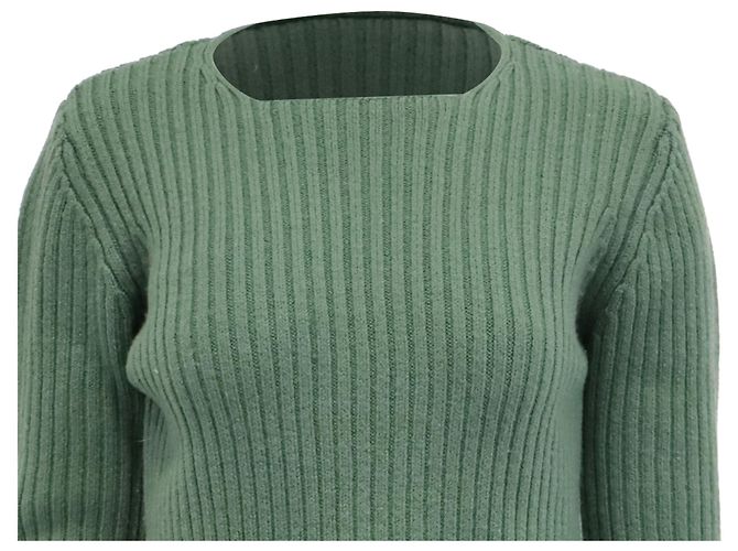 Theory Strickpullover mit eckigem Ausschnitt und langen Ärmeln aus grüner Wolle Olivgrün - Ansicht 2
