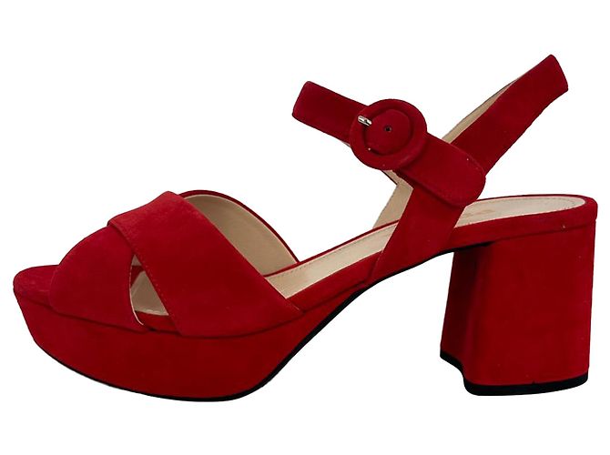 Prada Block Heels mit Überkreuz-Design aus rotem Wildleder - Ansicht 7