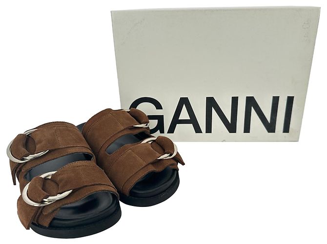 Sandali slide a doppia fascia Ganni in camoscio marrone Rosso - vista 16