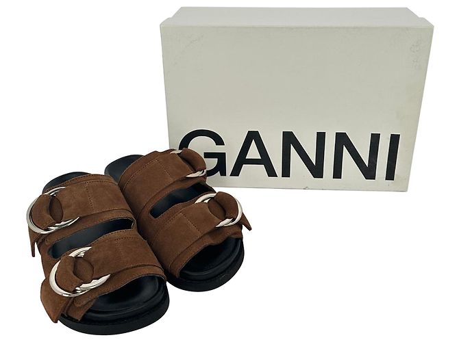 Sandali slide a doppia fascia Ganni in camoscio marrone Rosso - vista 17