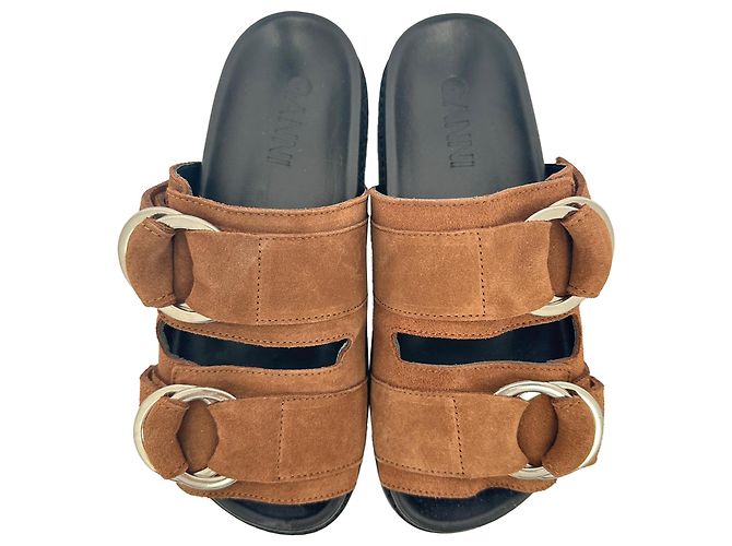 Sandali slide a doppia fascia Ganni in camoscio marrone Rosso - vista 5