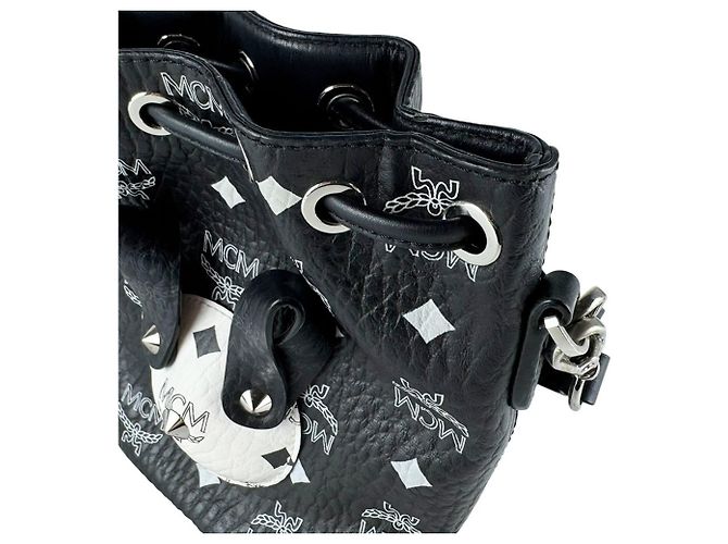 Bolsa Tiracolo em Couro Preto e Branco MCM - vista 6