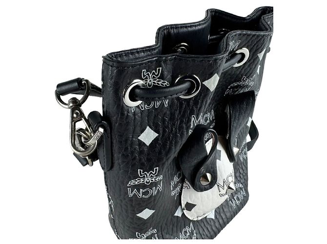 Bolsa Tiracolo em Couro Preto e Branco MCM - vista 7
