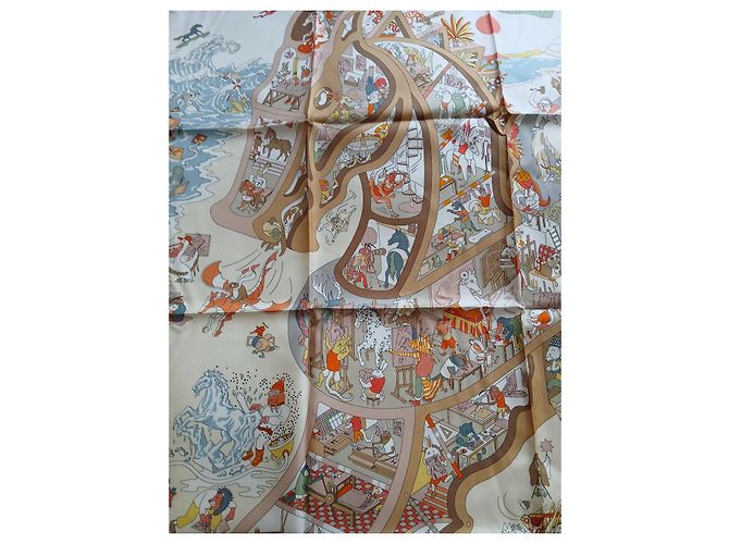 Lenço de seda Hermès 90cm Academia Hippica Multicor Bege - vista 4