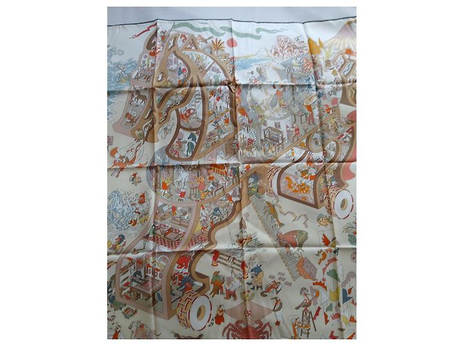 Lenço de seda Hermès 90cm Academia Hippica Multicor Bege - vista 5