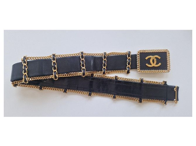 Cinturón Chanel de cuero negro y cadena dorada Dorado - vista 2