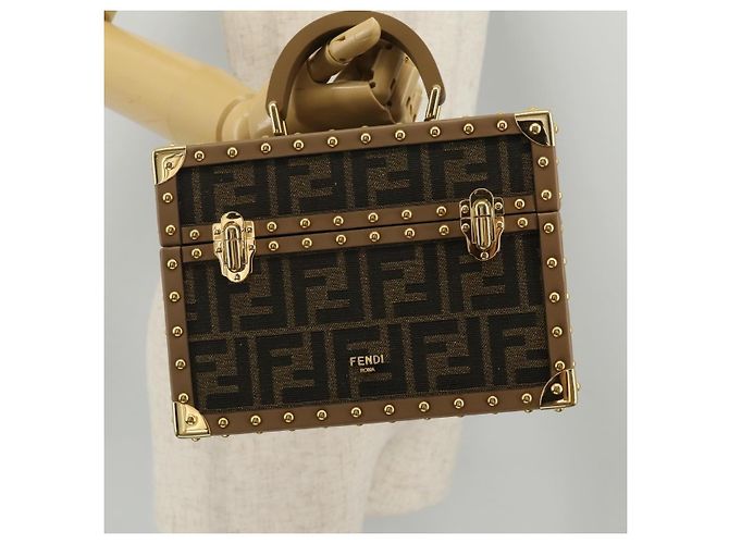 Borsa Vanity Trunk FENDI in tela Zucca e pelle Nero Marrone Auth 204326SAM - vista 35