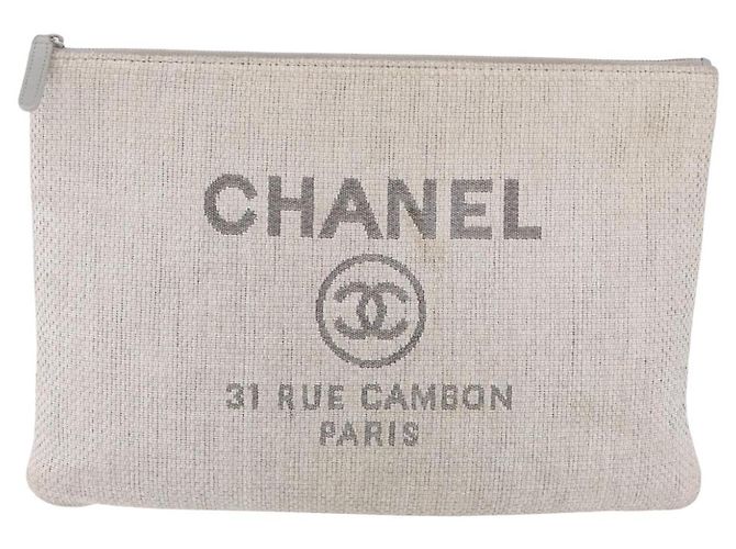 Borsa a pochette CHANEL Deauville in paglia Grigio Argento CC Auth ka6238A Marrone - vista 13