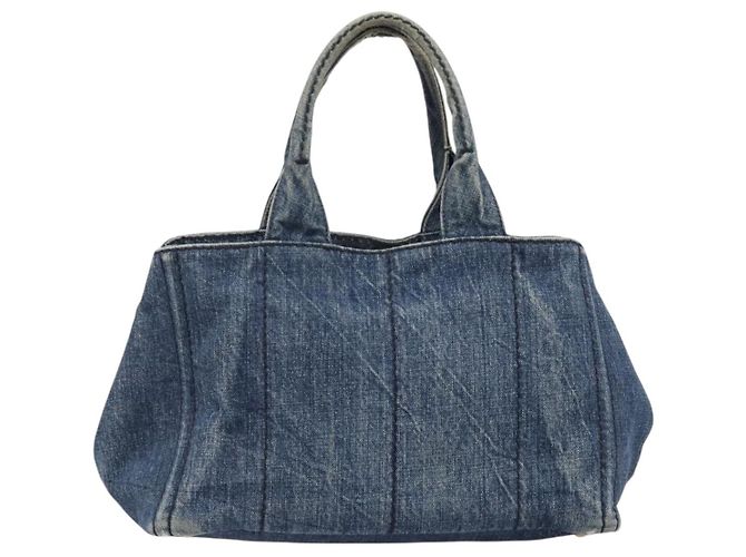 Bolsa de mão PRADA Canapa MM Denim Blue Gold Auth 201344 Azul Dourado - vista 2