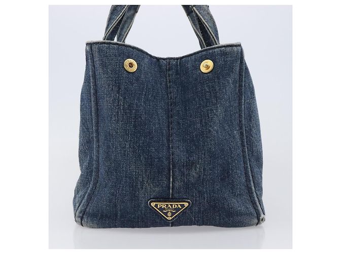 Bolsa de mão PRADA Canapa MM Denim Blue Gold Auth 201344 Azul Dourado - vista 5
