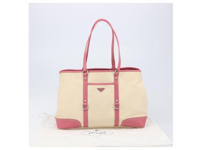 PRADA Tote Bag Canvas Ivory Silver Auth 201353V Silvery Cream - view 12