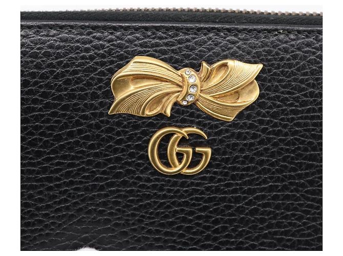 Portafoglio lungo GUCCI Bow in pelle nera e oro 524291 Auth 204782A Nero D'oro - vista 17