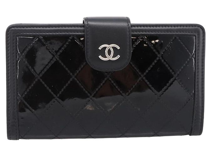 Cartera larga CHANEL Matelasse de piel charol negra plata CC Auth 204635 Negro - vista 13