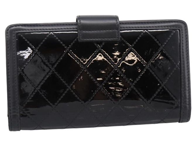 Cartera larga CHANEL Matelasse de piel charol negra plata CC Auth 204635 Negro - vista 2