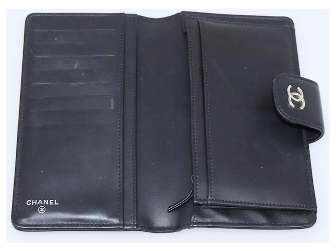 Cartera larga CHANEL Matelasse de piel charol negra plata CC Auth 204635 Negro - vista 7
