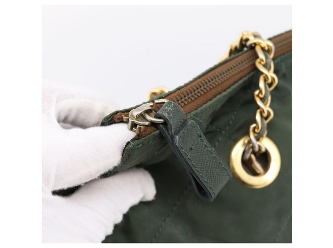 Bolsa de Ombro com Corrente PRADA Nylon Khaki Gold Auth 203875 Dourado Caqui - vista 10