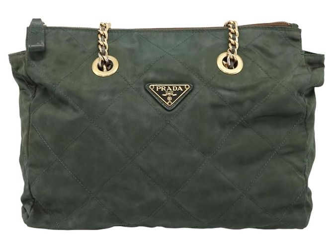 Bolsa de Ombro com Corrente PRADA Nylon Khaki Gold Auth 203875 Dourado Caqui - vista 13