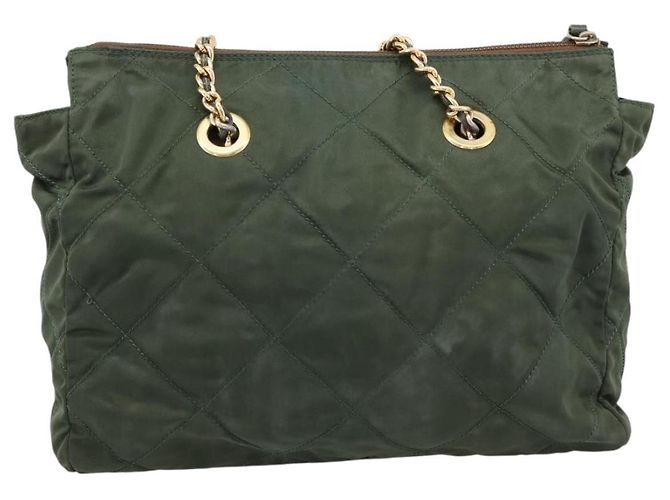 Bolsa de Ombro com Corrente PRADA Nylon Khaki Gold Auth 203875 Dourado Caqui - vista 2