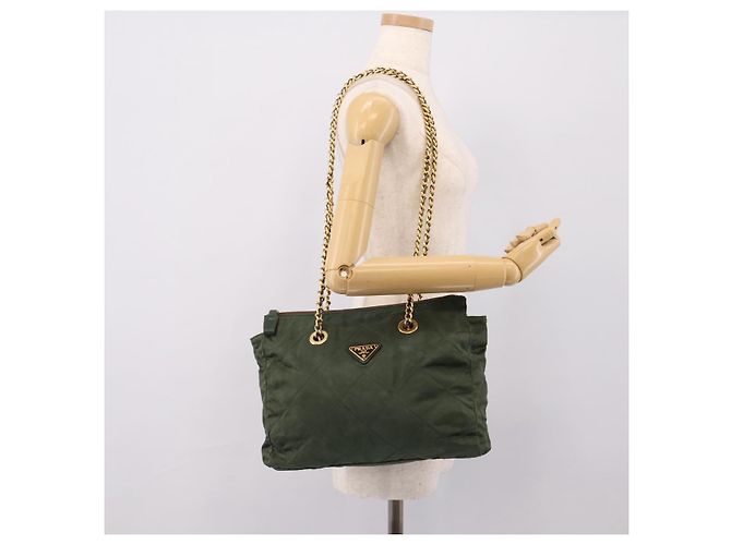 Bolsa de Ombro com Corrente PRADA Nylon Khaki Gold Auth 203875 Dourado Caqui - vista 24
