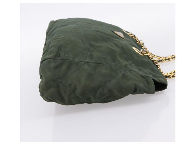 Bolsa de Ombro com Corrente PRADA Nylon Khaki Gold Auth 203875 Dourado Caqui - vista 4