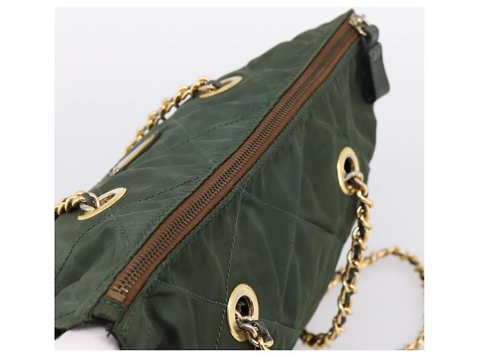 Bolsa de Ombro com Corrente PRADA Nylon Khaki Gold Auth 203875 Dourado Caqui - vista 6