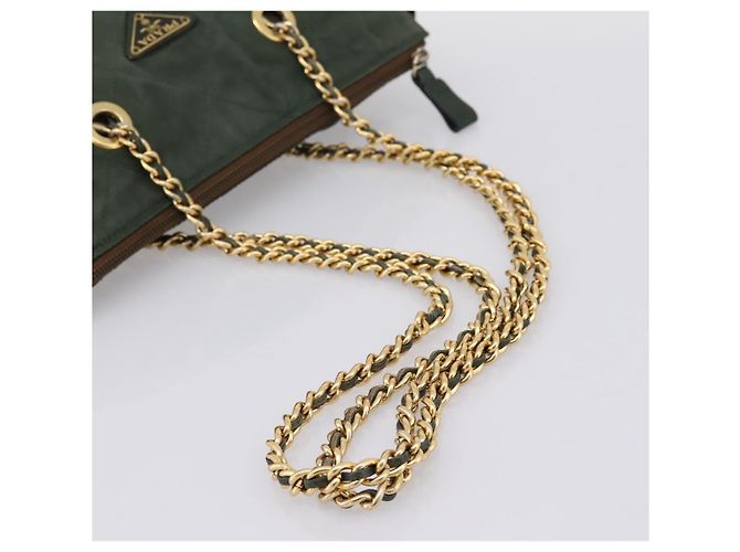 Bolsa de Ombro com Corrente PRADA Nylon Khaki Gold Auth 203875 Dourado Caqui - vista 7