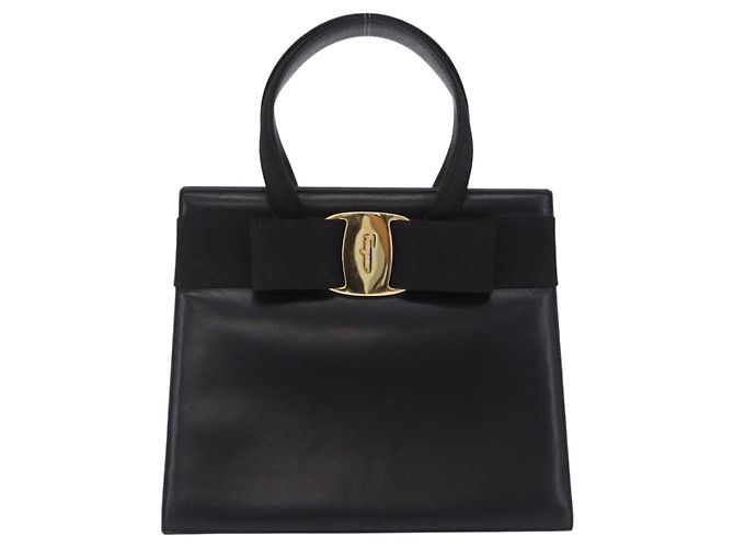Borsa Salvatore Ferragamo Vala in pelle nera e oro autentica 205098 Nero D'oro - vista 13