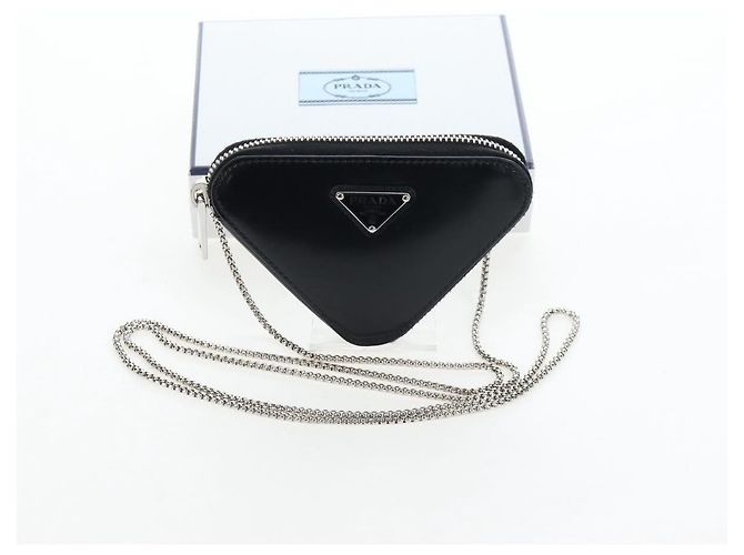 PRADA Schultertasche mit Kette aus Leder Schwarz Silber Auth 200384V - Ansicht 12