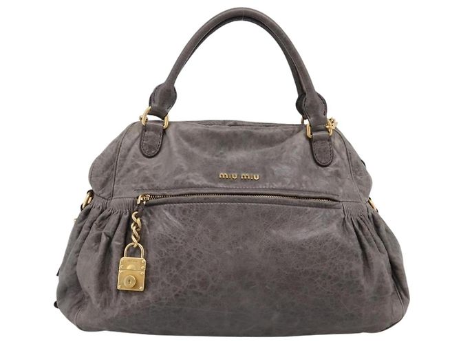 Borsa Miu Miu Vitellolux in pelle 2way Grigio Oro Auth 204126V Marrone D'oro - vista 13