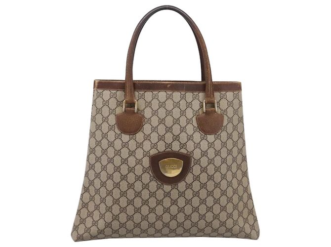 Borsa Tote GUCCI GG Supreme PVC Beige Gold Auth 203643 D'oro - vista 13