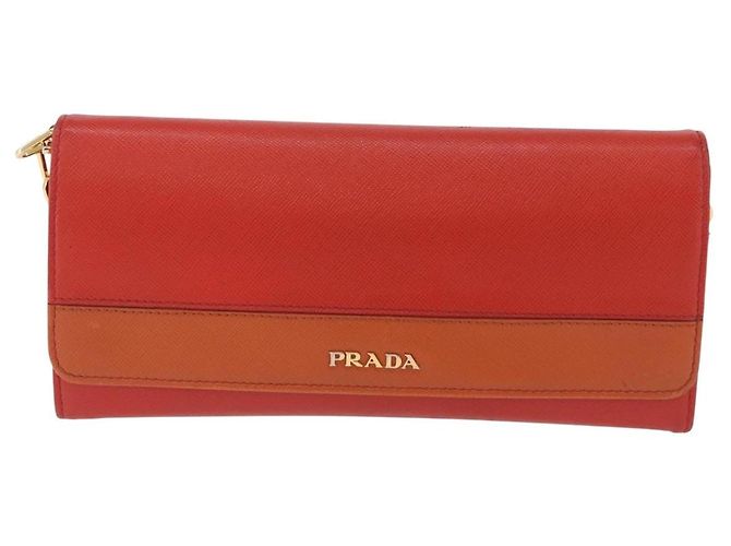 Portafoglio a spalla con catena PRADA in pelle Saffiano Arancione Tono Oro Auth ka6249 - vista 13