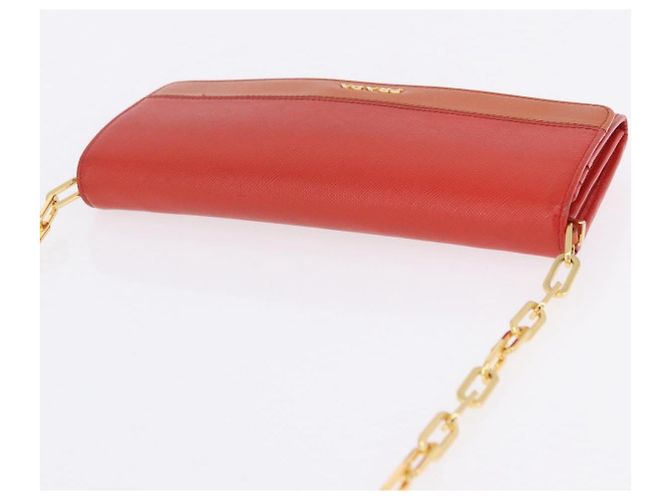 Portafoglio a spalla con catena PRADA in pelle Saffiano Arancione Tono Oro Auth ka6249 - vista 14