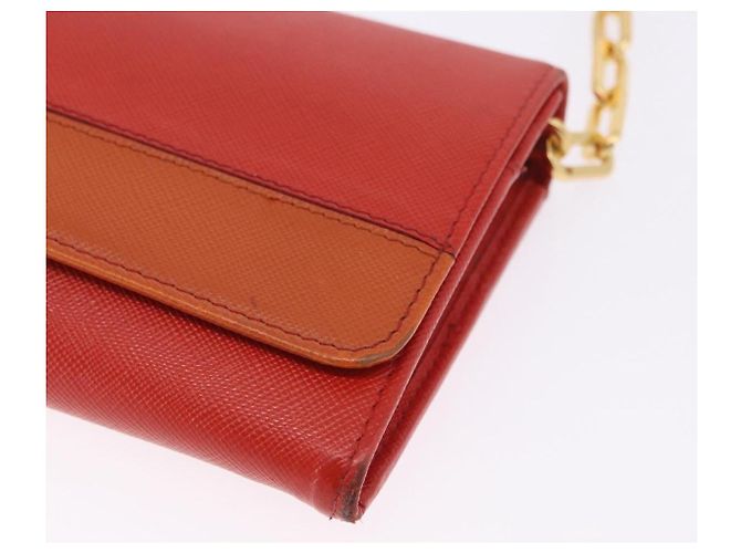 Portafoglio a spalla con catena PRADA in pelle Saffiano Arancione Tono Oro Auth ka6249 - vista 18