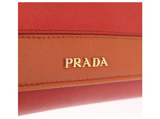 Portafoglio a spalla con catena PRADA in pelle Saffiano Arancione Tono Oro Auth ka6249 - vista 21